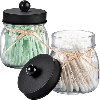 SheeChung 6 Pack Qtip Holders with Labels, Bathroom Organizers and Storage, Bathroom Decor, Apothecary Jars with Lids, Small Mason Jars for Qtips, Cottons, Floss, Balls, Cotton Swabs-Black