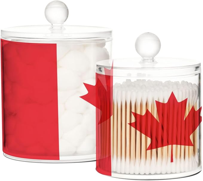 DOMIKING Canada Flag 2 Pack Bathroom Canisters Cotton Swab Holder Dispenser Plastic Cotton Ball Jar Acrylic Storage Containers for Cotton Swab Cotton Ball Cotton Round Pads