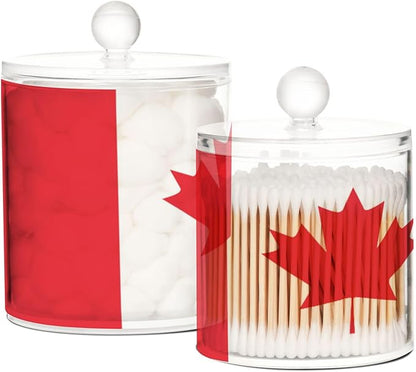 DOMIKING Canada Flag 2 Pack Bathroom Canisters Cotton Swab Holder Dispenser Plastic Cotton Ball Jar Acrylic Storage Containers for Cotton Swab Cotton Ball Cotton Round Pads