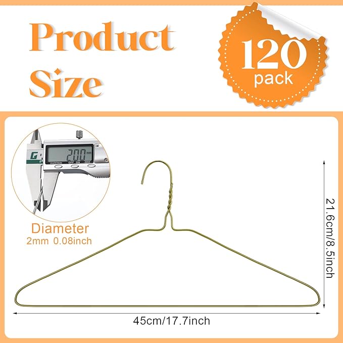 Yuntau 120 Pcs Wire Hangers Bulk 17.7" Dry Cleaner Hangers, Suit Holders for Home Caped Clothing (Gold)