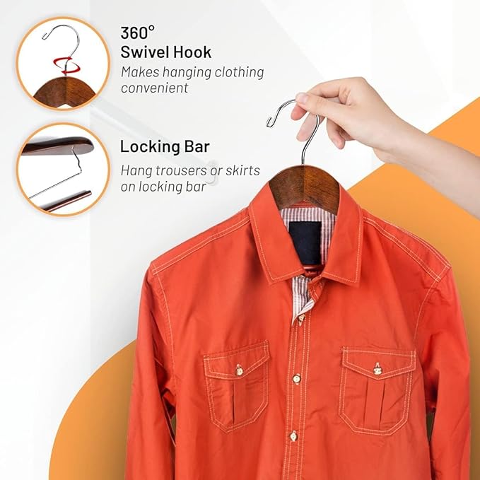 DEILSY Wide Shoulder Wooden Suit Hangers with Non-Slip Pants Bar & 360° Swivel Hook - Smooth Finish Coat Hangers for Men and Women - Heavy Duty Clothes Hanger – Pack of 6
