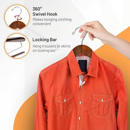 DEILSY Wide Shoulder Wooden Suit Hangers with Non-Slip Pants Bar & 360° Swivel Hook - Smooth Finish Coat Hangers for Men and Women - Heavy Duty Clothes Hanger – Pack of 6