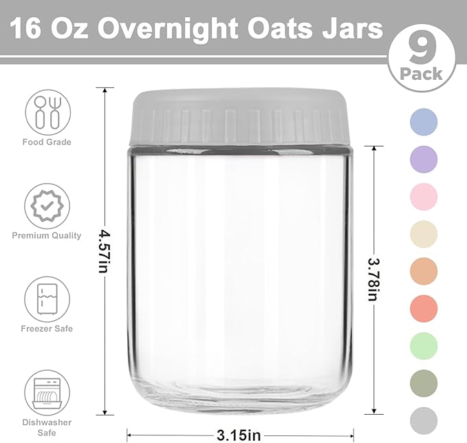 Overnight Oats Containers with Lids, 16oz Wide Mouth Mason Jars with Lids, 9 Pack Glass Jars with Airtight lid for Chia Pudding Yogurt Salad, Meal Prer Oatmeal Jars, Gray