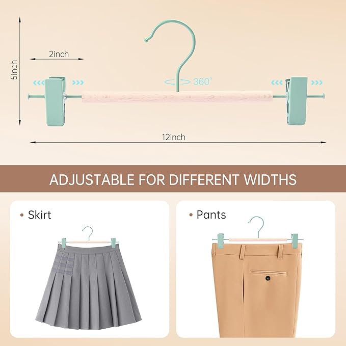 Wooden Pants Hangers with Clips 24 Pack, Heavy Duty Adjustable Clip Non Slip Skirt Hanger for Jeans, Trousers, Short, Clothes, Space Saving Closet Organizer (Green, 24 Pack)