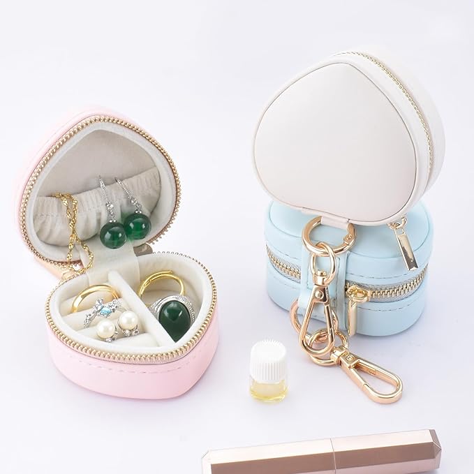 Heart Shape Ring Holder Keychain, Mini Travel Jewelry Case for Wedding Ring, Sports & Vacation, Portable Zipper Clutch Organizer for Earrings Necklace, Premium Gift for Women Girls (White)