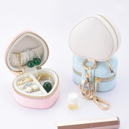 Heart Shape Ring Holder Keychain, Mini Travel Jewelry Case for Wedding Ring, Sports & Vacation, Portable Zipper Clutch Organizer for Earrings Necklace, Premium Gift for Women Girls (White)