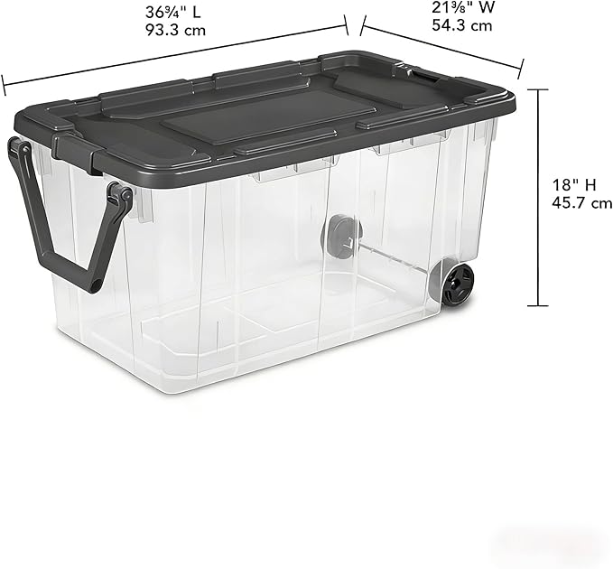 160 Quart Wheeled Stacker, Extra Large Durable Clear Bin, Latch Lid and Pull Handle, Gray, 2 Count