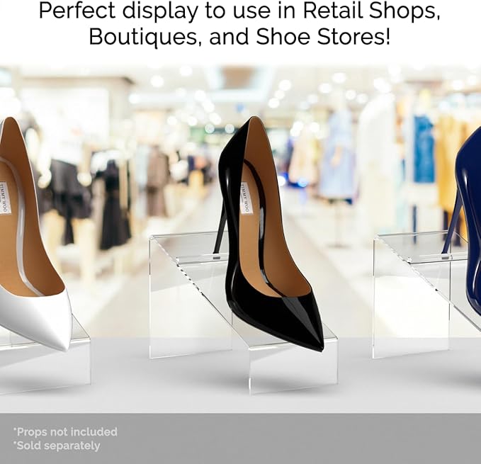 6 Pack Acrylic Shoe Display Stand Clear Premium Lucite 4 Inch Wide x 5 Inch High Slanted Footwear Showcase Riser with Heel Stop for Retail Shops and Clothing Stores by Marketing Holders