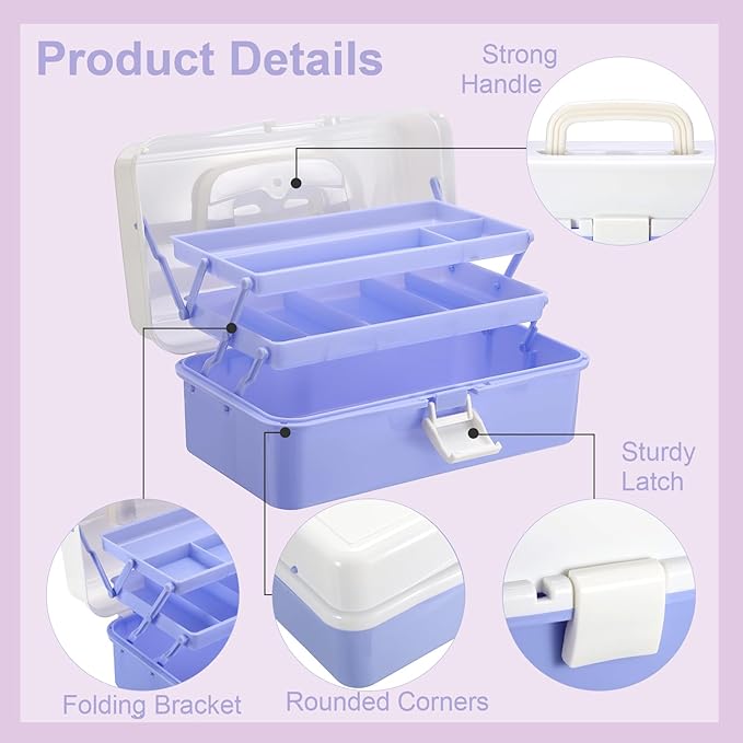 Hipiwe 3-Layer Plastic Storage Box 12.8" Multipurpose Craft Organizers with Dividers & Handle, Hair Accessories Organizer Folding Craft Tool Case Portable Tackle Box for Sewing Art Cosmetic, Purple
