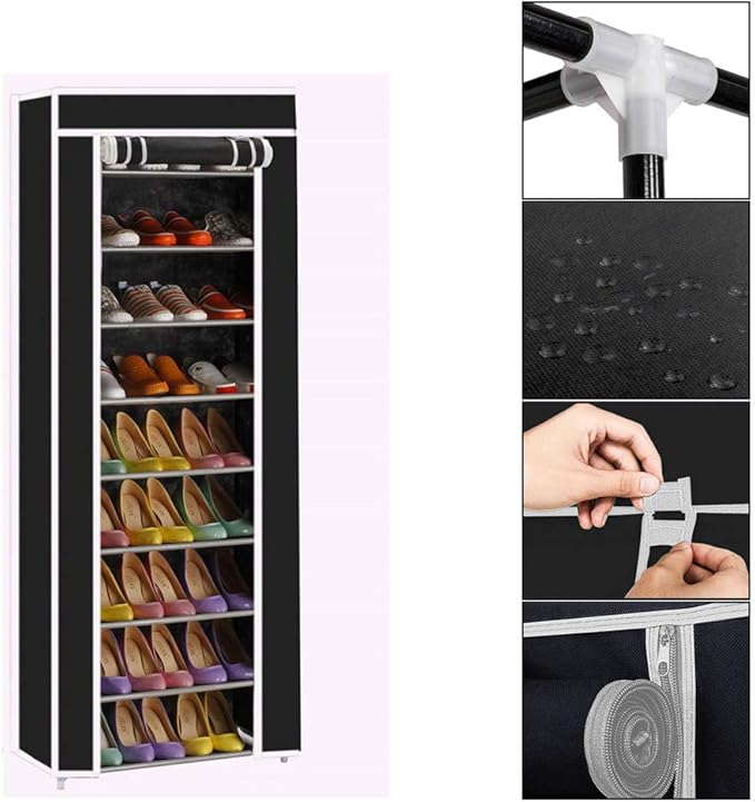 10 Tiers Shoe Rack with Dustproof Cover Shoe Storage Organizer Cabinet Shoe Shelf Tower,Non-Woven Fabric Cover (Black)