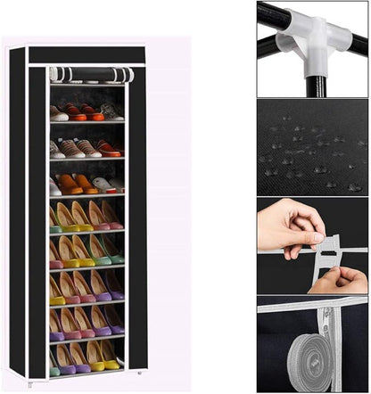 10 Tiers Shoe Rack with Dustproof Cover Shoe Storage Organizer Cabinet Shoe Shelf Tower,Non-Woven Fabric Cover (Black)