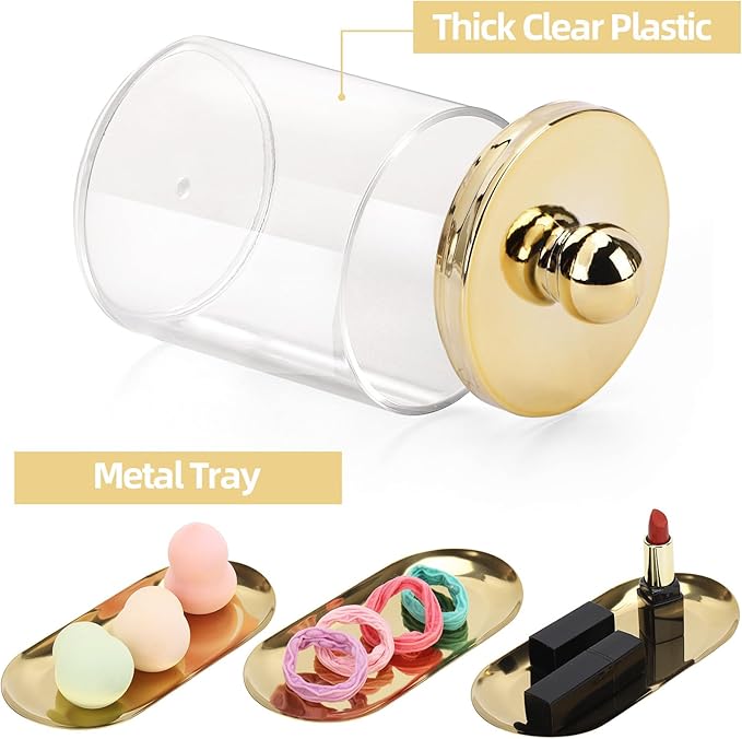 Tbestmax 3 Pack Qtips Holder with Gold Tray, 10oz Cotton Swab Ball Holder for Bathroom Essentials Accessories Decor Clear Plastic Canister Apothecary Jars