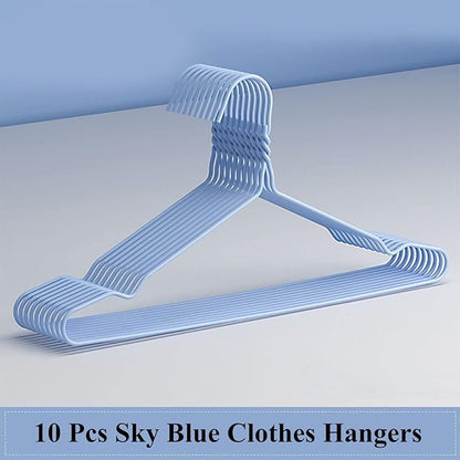 Sky Blue Wire Clothes Hangers - 10 Pack, Heavy Duty, Space Saving, Non Slip Coat Hangers for Suits, Shirts, Dresses & Trousers