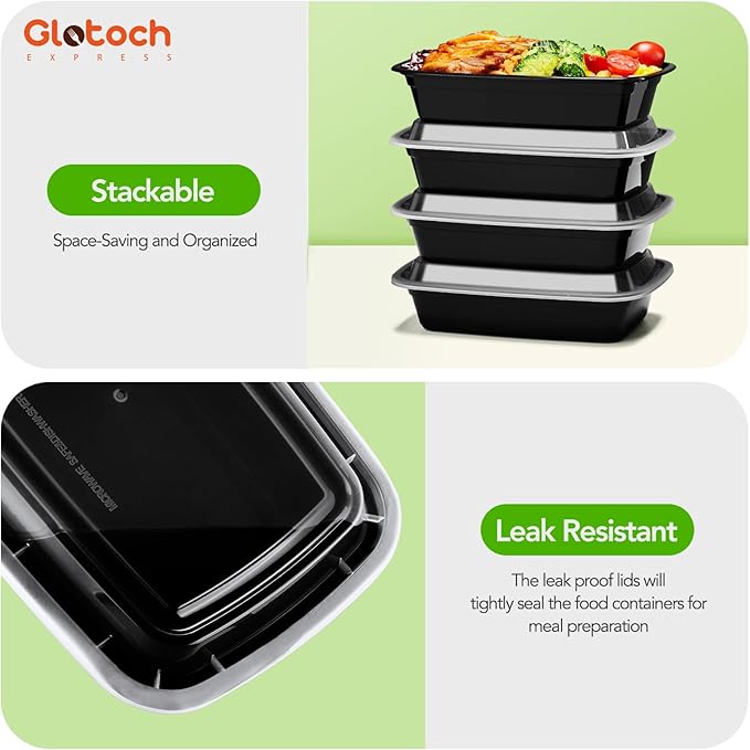 Glotoch 10-Pack Meal Prep Containers with Lids (20-Piece Set), 24 oz Reusable Food Storage Containers, Heavy-Duty Leakproof Bento Boxes, BPA-Free, Microwave/Freezer/Dishwasher Safe, Black
