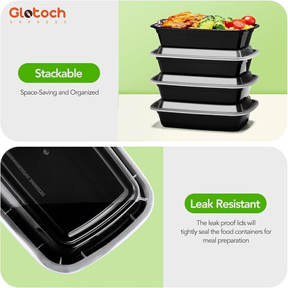 Glotoch 10-Pack Meal Prep Containers with Lids (20-Piece Set), 24 oz Reusable Food Storage Containers, Heavy-Duty Leakproof Bento Boxes, BPA-Free, Microwave/Freezer/Dishwasher Safe, Black