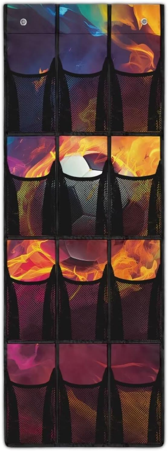 Flaming Soccer Ball Over The Door Organizer, 12 Mesh Pockets Sports Theme Hanging Shoe Rack for Soccer Gear, Perfect for Garage & Kids Bedroom Storage