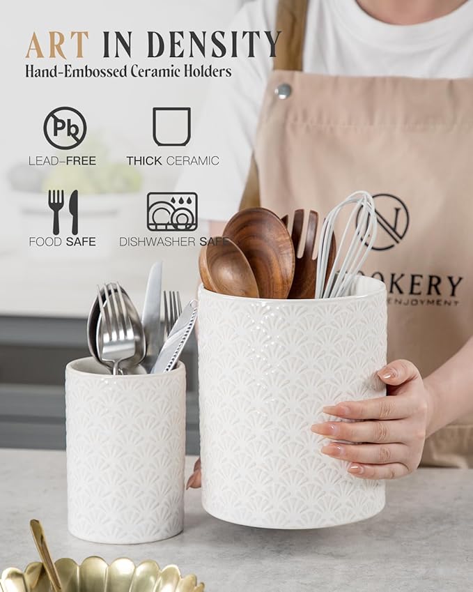 Nucookery Utensil Holder, Extra Large Ceramic Utensil Crock for Kitchen Counter, Stable Spatula & Flatware Organizer, Farmhouse Embossed Kitchen Decor, Set of 2 (Petal Pattern)