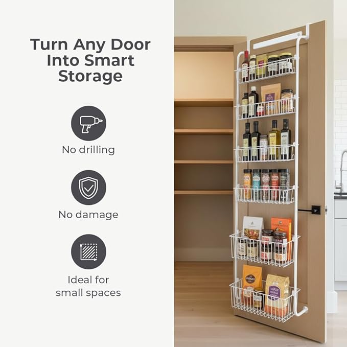 Over Door Organizer Storage - 6 Tier White Metal Over the Door Pantry Organizer Heavy Duty Hanging Storage Rack, Behind Cabinet Shelves for Home, Kitchen, Bathroom, Closet, Pantry