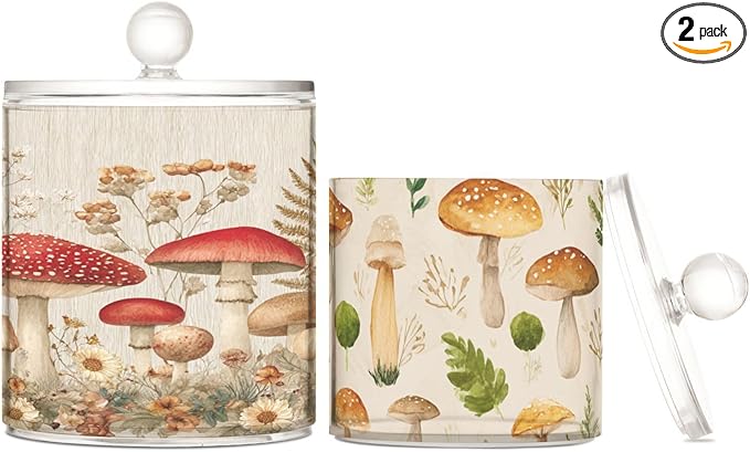 2 Pack Qtip Dispenser Apothecary Jars with Lids Cotton Round Holder Bathroom Canisters for Cotton Swab Floss Ball Pads Clear Plastic Decorative Watercolor Mushroom Beige