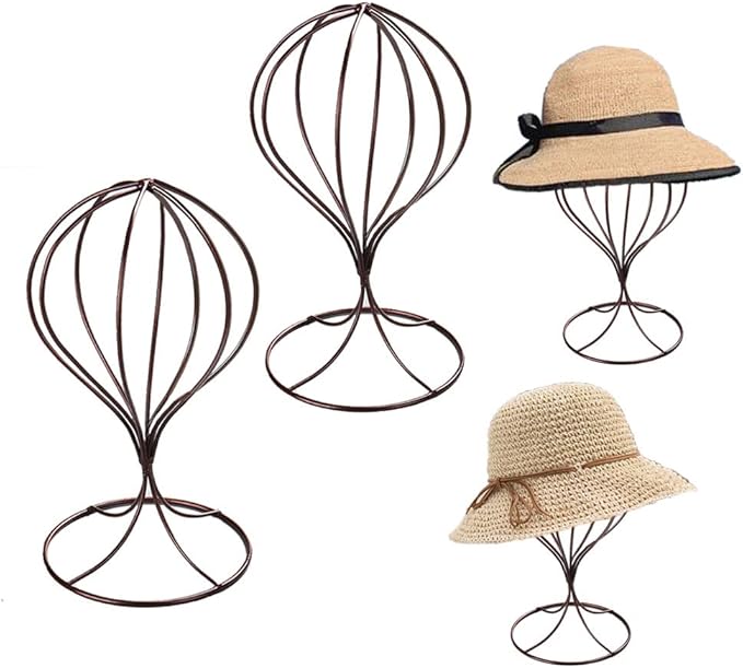 Mydio 2 Pieces Modern Metal Hat Stands Durable Stable Metal-Hat Cap Rack Wigs Holder, Metale (Brown)
