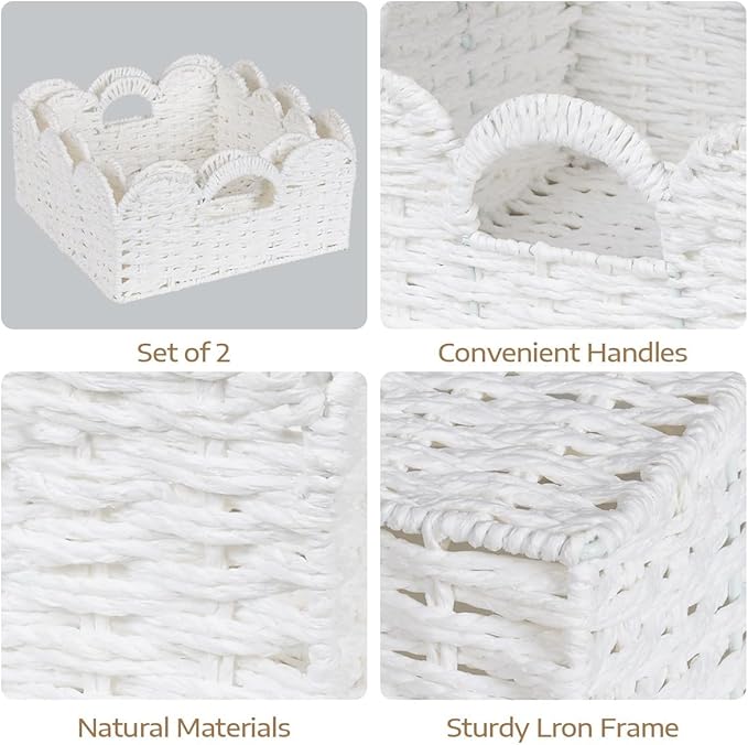 Graciadeco Scalloped Wicker Basket Natural Paper Rope Storage Baskets with Handles Handwoven Organizer Bin Wicker Storage Baskets for Home Decor, Organizing, 2 Pack (White)