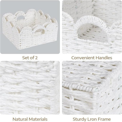 Graciadeco Scalloped Wicker Basket Natural Paper Rope Storage Baskets with Handles Handwoven Organizer Bin Wicker Storage Baskets for Home Decor, Organizing, 2 Pack (White)