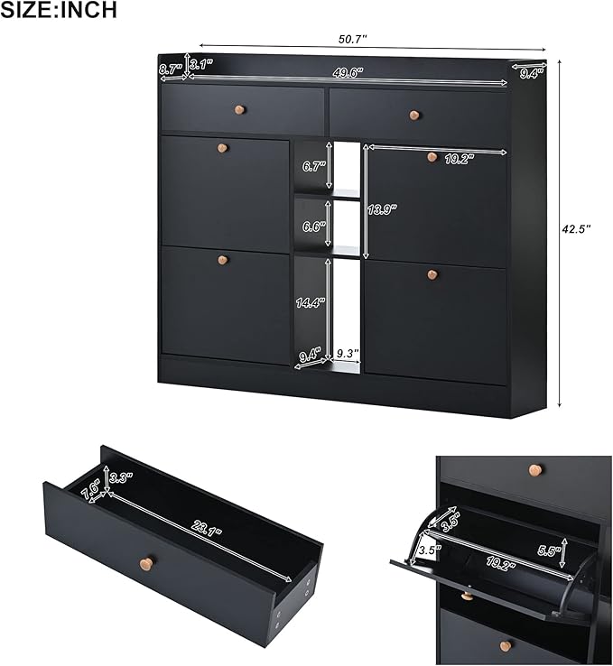 JIVOIT 2-Tier Shoe Storage Organizer, Modern Wooden Shoe Cabinet with 4 Flip Drawers, Multifunctional Free Standing Shoe Rack for Entrance Hallway Small Spaces (Black+4 Flip Drawers)