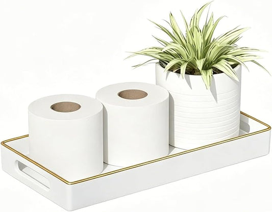 White Bathroom Vanity Tray for Countertop,Small Rectangular Plastic Tray for Toilet Tank,Multi-Purpose Bathroom Organizer for Makeup,Perfumes,Jewelry,Candles & Keys