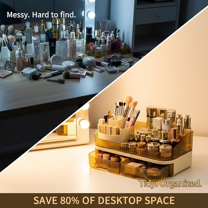 Makeup Organizer with Dual Drawers - Large Capacity Countertop Cosmetic Storage for Skincare Vanity Bathroom