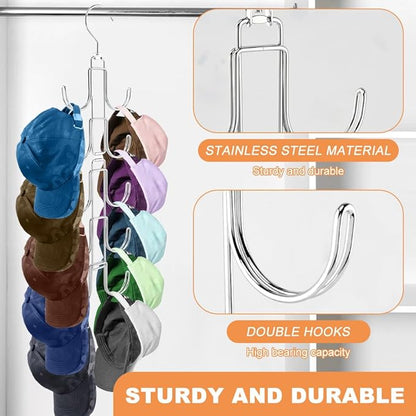 Hat Organizer for Closet, 10-Hook Hanging Hat Organizer with 2pcs Single Hook Hats Racks, Rotatable Space Saving Metal Hats Storage for Baseball Caps, Holds Up to 50 Baseball Caps