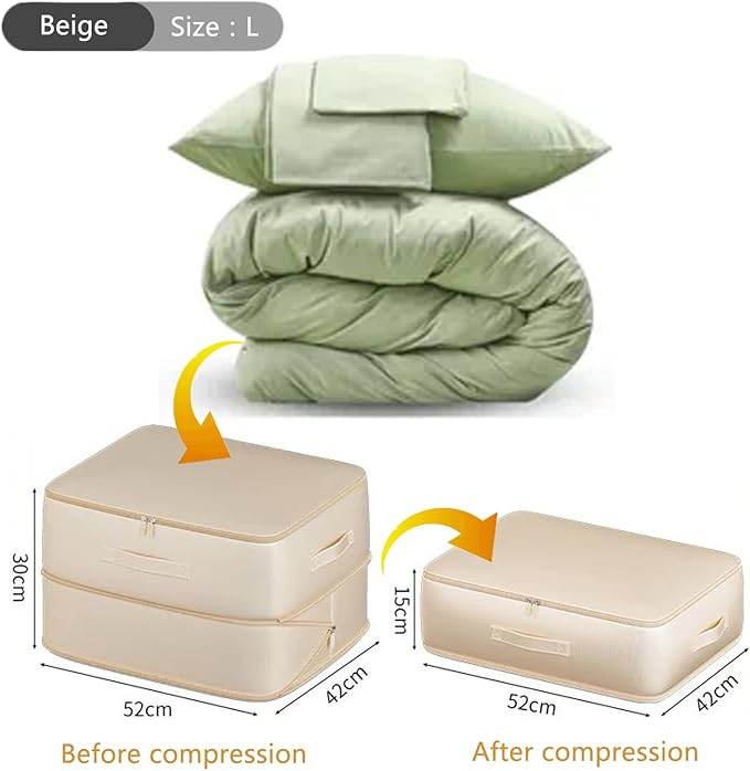Mecolor Space Saver Compression Storage Bags, Clothes Storage, Bedding Storage, Duvet Storage, Bedding Organiser with Zipper, Pillow, Carrier Bag Storage (beige, L)
