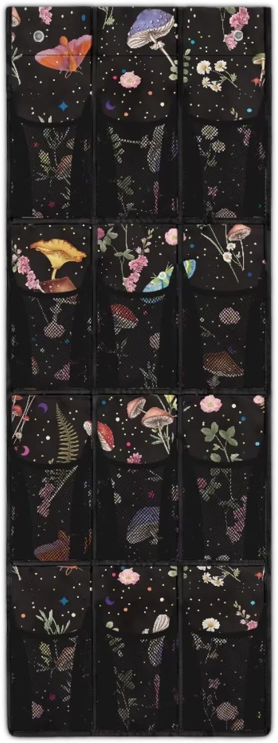Butterflies Door Hanger Organizer Mesh Pockets Behind The Door Organizer for School Supplies Storage Mushrooms Shoe Holder Hanger with Hook Design 12 Pockets Wall Hanging Storage for Dorm