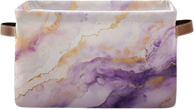 Large Storage Basket Purple Gold Marble Storage Bin Cube Canvas Fabric Organizer Handles Collapsible for Clothes Toys Bedroom Decorative