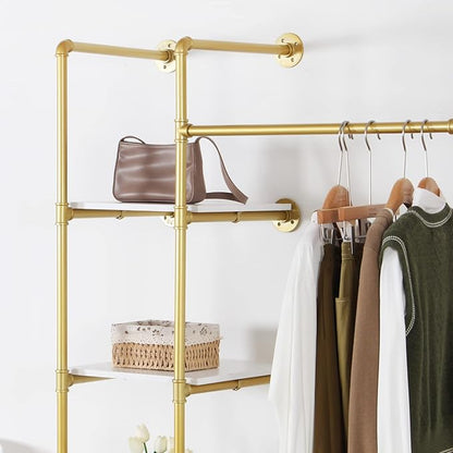 Garment Rack Heavy Duty Clothes Rack for Hanging Clothes, Metal Freestanding Closet Wardrobe Shelf, Gold Industrial Pipe Clothing Racks with Shelves Closet Rods System