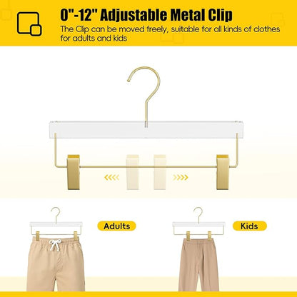 10 Pack Gold Acrylic Hangers, Clear Pants Hangers with Adjustable Non-Slip Clips for Pants, Skirts, Jeans, Trousers, Adults & Kids, Clothing Closet Storage