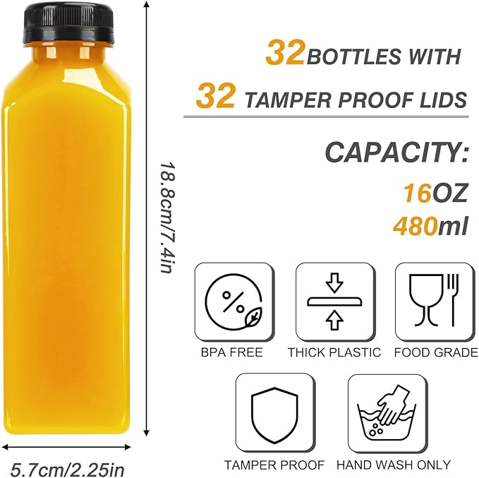 TOMNK 32pcs 16oz Plastic Juice Bottles with Lids, Juice Containers with Caps and Labels, Funnel, Brush, Beverage Containers for Juicing, Smoothies, Tea, Milk