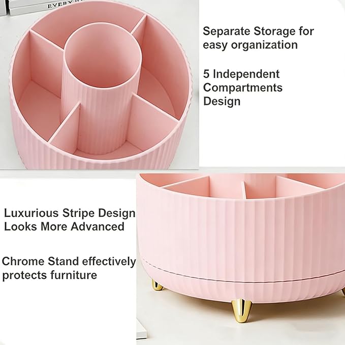 360 Degree Rotating Makeup Brush Holder Organizer Detachable Design 5 Slot Make up Brushes Cup for Cosmetics and Pencil Pen Organizer for Desk Makeup Organizer Skincare Storage for Vanity (pink2)