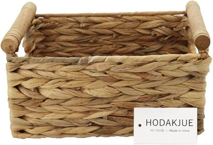 Storage Basket made by Water Hyacinth with Wood Handles, Arts and Crafts. (Small) Natural