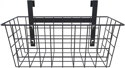 MaraFansie Basket with Hook, Grid Storage Basket, Over the Cabinet Door Organizer, Wire Hanging Basket with Hook Over the Railing, Under Sink Kitchen Cabinet, Pantry, Bathroom, Black, 2 Pack