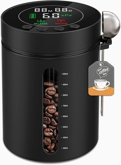 Automatic Vacuum Coffee Canister, 1.3L Coffee Container with Smart Pressure Sensor,LED Display,Window,Scoop Rechargeable Airtight Electric Coffee Bean Storage for Home Kitchen Ground Food Tea Storage