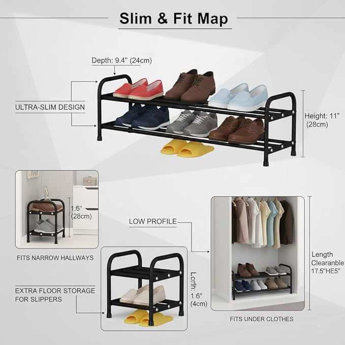 2-Tier Expandable Shoe Rack, 17.3"-31.5" Adjustable Length Metal Shoe Organizer, 9.4" Slim Wide Heavy Duty Shoe Shelf with 4cm Bottom Space for Slippers, Entryway, Closet (Black)