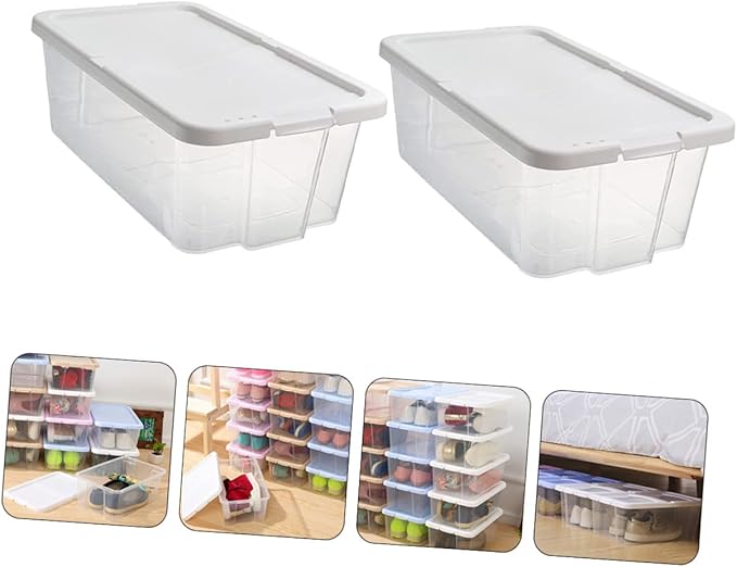2pcs Stackable Plastic Shoes Storage Boxes with Lids, Shoe Organizer Cases for Household Closet and Kitchen Storage