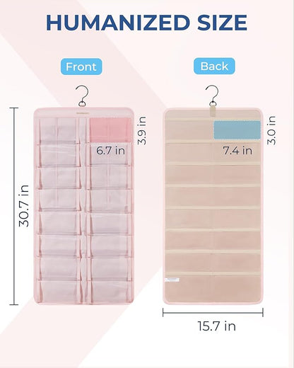BAGSMART Hanging Jewelry Organizer, Dust Proof Sunglasses Storage Case Wall Mounted, Travel Dual Sided Glasses Case Multiple Pairs, Eyeglasses Holder with 32 Clear Slots & Metal Hook, Pink
