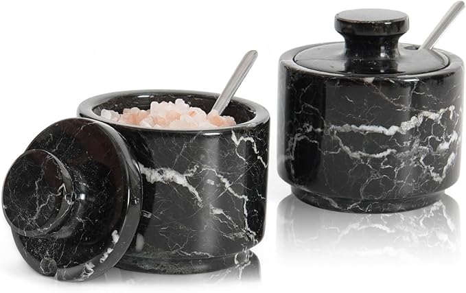 MARBLOUS KRAFTS Marble Salt Cellar with Lid and Spoon 3" Inch Black Zebra Flaky Salt Box for Gift, Modern Small Set of 2 Sugar Kitchen Countertop Storage, Coffee Container, Spice Jars, Candy Jar