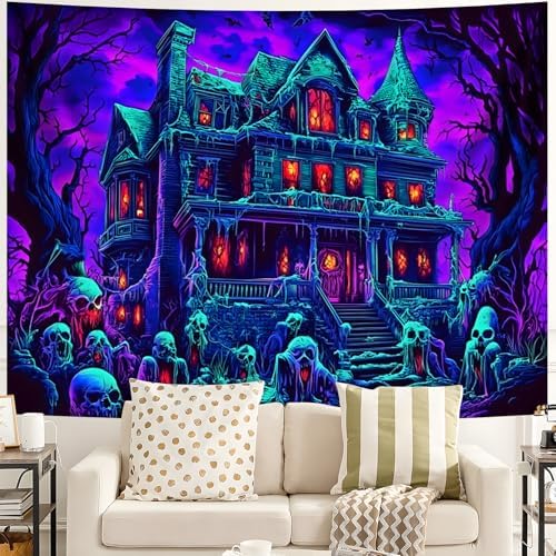 BVBOX Blacklight Halloween Tapestry Horror Moon Night Scary Cemetery Pumpkin Lantern Halloween Tapestry Wall Hanging Skull Horror Poster Banners for Bedroom Livingroom (Castle, 59L x 51W, Unframed) - Image 2