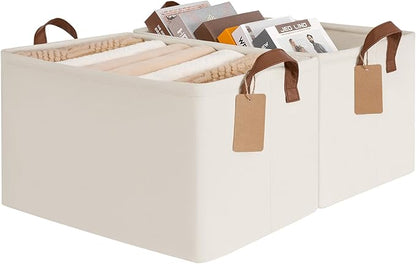 CHICVITA Storage Baskets for Shelves, 19" x 13" x 11" Closet Storage Bins with Handles, Foldable Fabric Bins with Metal Frame, Extra Large Storage Basket for Toys, Blankets, Beige, 2-Pack