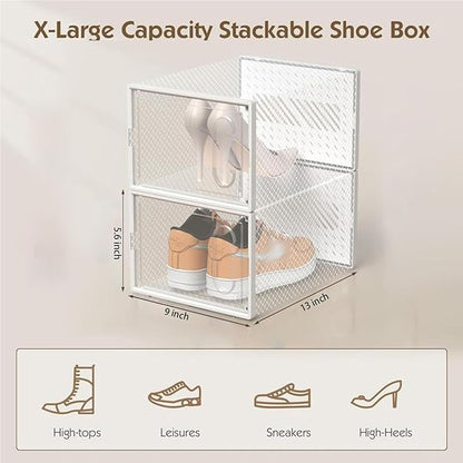 12 Packs Clear Plastic Shoebox With Magnetic Door, Large(13" × 9" × 5.6") Stackable Shoe Box Storage With Lids, Multifunctional Sneaker Containers, Toy Storage, Space-Saving Shoe Rack White