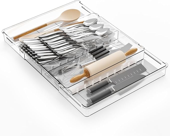 Large Expandable Silverware Organizer - Adjustable From 11'' to 21.3'' - Spatula,Gadget,Knife,Cutlery,Spoons and Forks Organizer,Clear Flatware,Silverware Tray,Utensil Organizer for Kitchen Drawers