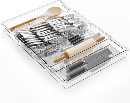 Large Expandable Silverware Organizer - Adjustable From 11'' to 21.3'' - Spatula,Gadget,Knife,Cutlery,Spoons and Forks Organizer,Clear Flatware,Silverware Tray,Utensil Organizer for Kitchen Drawers