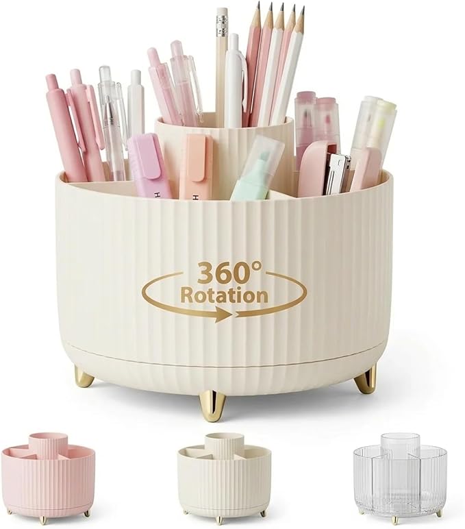 360 Degree Rotating Desktop Organizer,Makeup Brushes,Pencils,Desktop Stationery Storage Rotating Rack,Premium Plastic Organizer For Office,School And Home (Cream White)